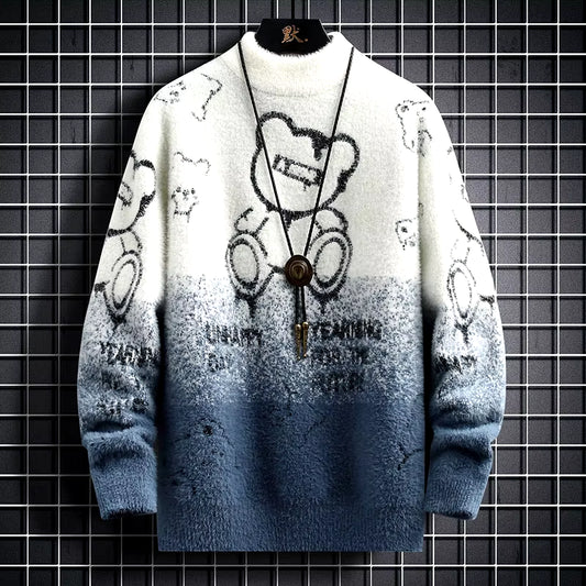 Mens Harajuku Mock Neck Sweater Mens Autumn Winter Casual Loose Bear Print Knitted Pullover Street Outdoor Warm Knitt Sweatshirt